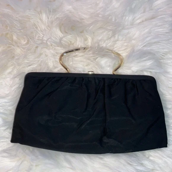 BOBBIE JEROME blk evening bag, sz. on pics, 1 spot, gold handle option. $15 - Picture 2 of 8